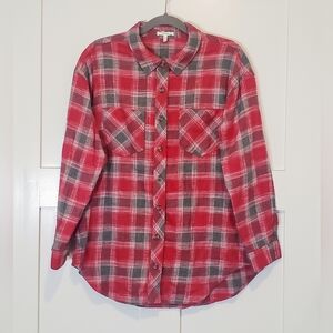 Maurices Oversized Soft Flannel Plaid Button Down Shirt Red Gray Cotton  Medium